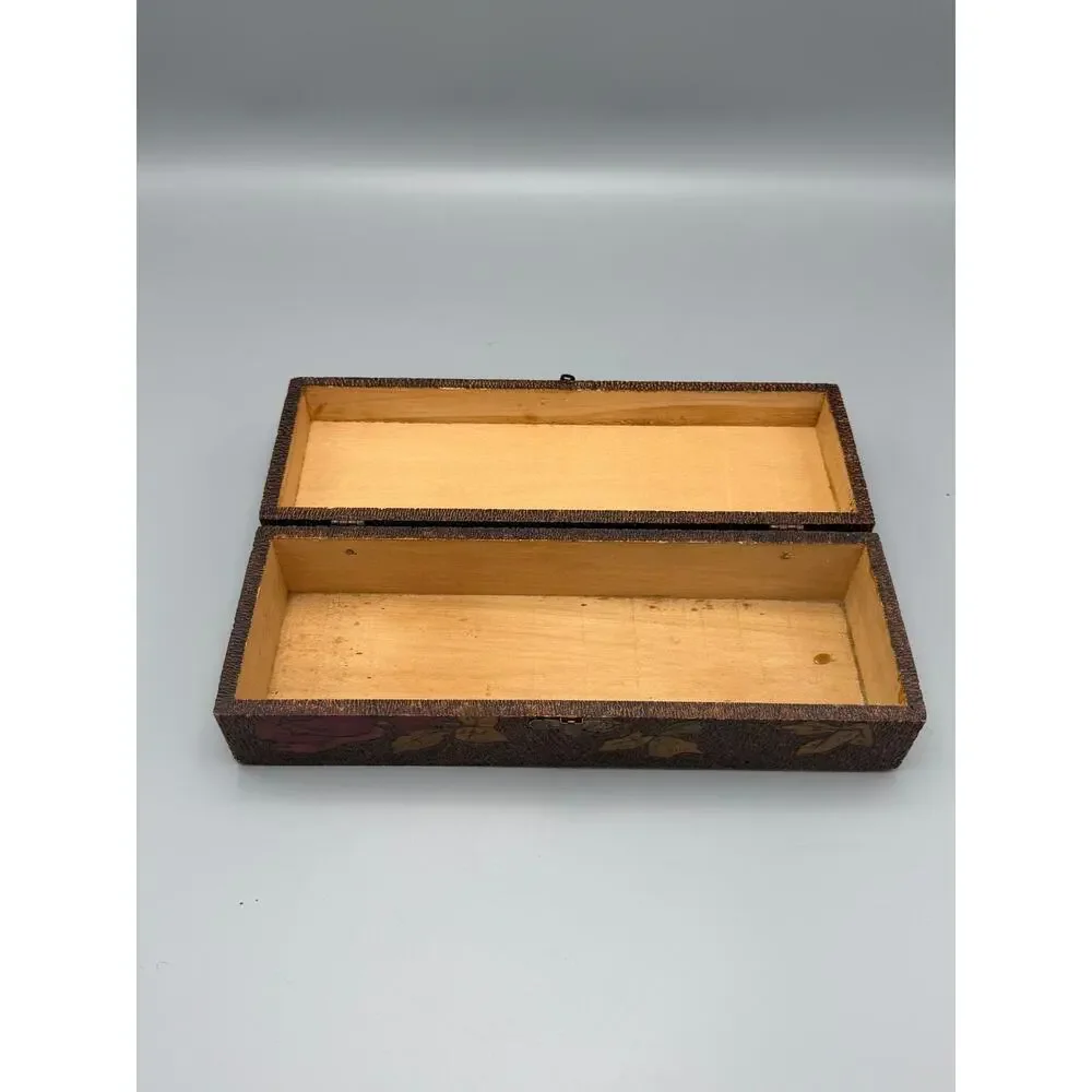 Vintage Pyrography Wood Box Art Nouveau Lady Portrait Floral Glove/Trinket Box